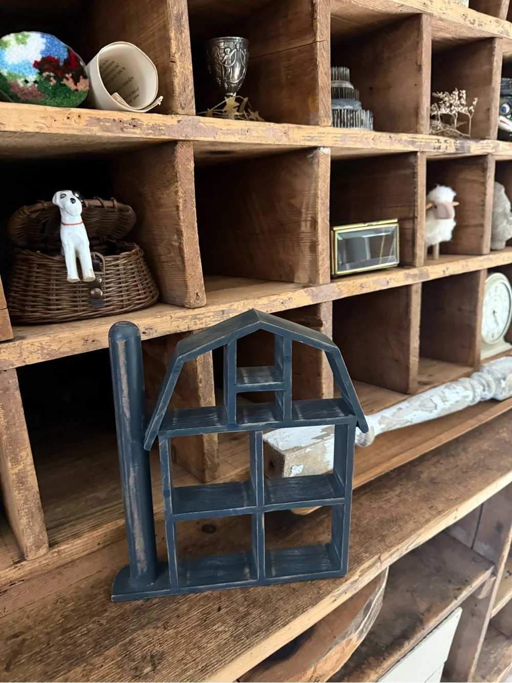 Rustic Small Farmhouse House Shelf Décor in Distressed Blue